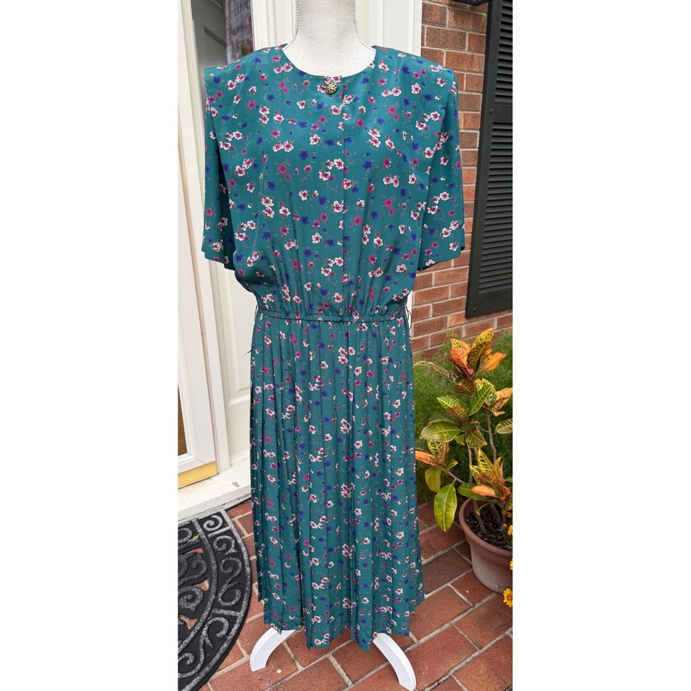 Leslie Fay Vintage Floral Pleated Midi Dress Teal Green Pink 18W Short Sleeve